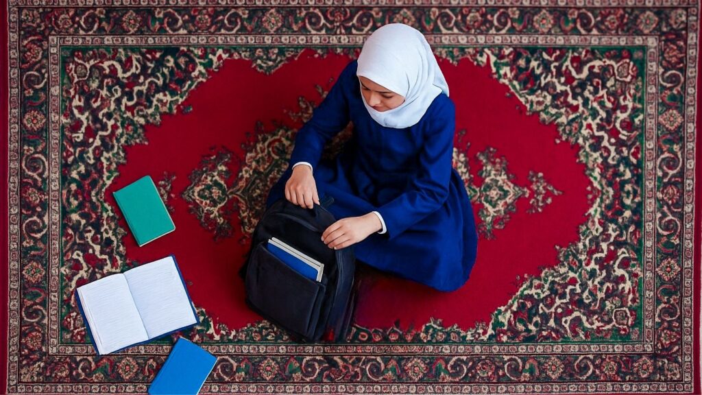 Meisje pakt haar schooltas in met boeken en schriften